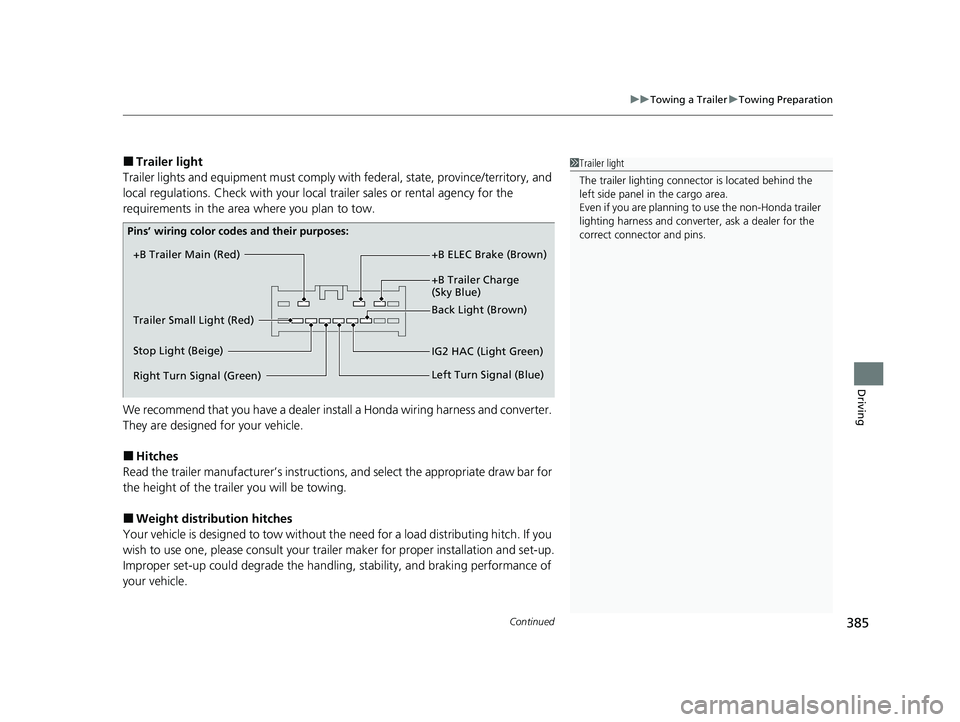 HONDA PASSPORT 2021  Navigation Manual (in English) Continued385
uuTowing a Trailer uTowing Preparation
Driving
■Trailer light
Trailer lights and equipment must comply with  federal, state, province/territory, and 
local regulations. Check with your 