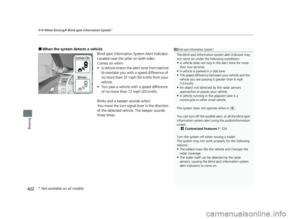 HONDA PASSPORT 2021  Navigation Manual (in English) uuWhen Driving uBlind spot information System*
422
Driving
■When the system detects a vehicle
Blind spot information System Alert Indicator:
Located near the pillar on both sides.
Comes on when:
•