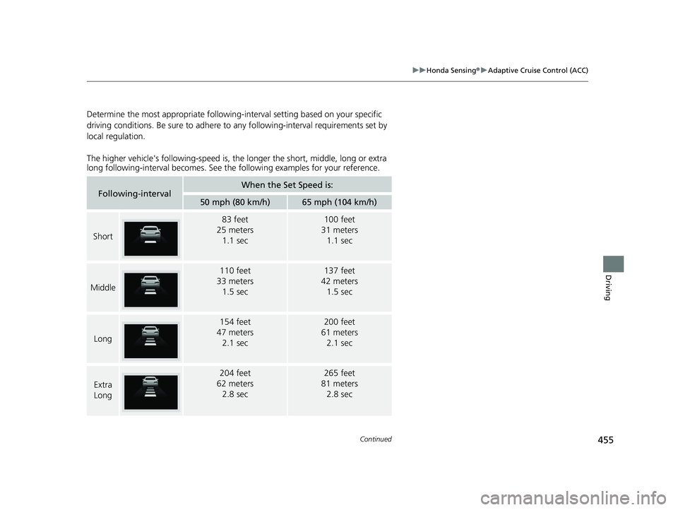 HONDA PASSPORT 2021 Navigation Manual (in English) 455
uuHonda Sensing ®u Adaptive Cruise Control (ACC)
Continued
Driving
Determine the most appropriate following- interval setting based on your specific
driving conditions. Be sure to adhere to any HONDA PASSPORT 2021 Navigation Manual (in English) 455
uuHonda Sensing ®u Adaptive Cruise Control (ACC)
Continued
Driving
Determine the most appropriate following- interval setting based on your specific
driving conditions. Be sure to adhere to any