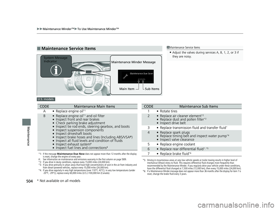 HONDA PASSPORT 2021  Navigation Manual (in English) 504
uuMaintenance MinderTMuTo Use Maintenance MinderTM
Maintenance
■Maintenance Service Items1Maintenance Service Items
•Adjust the valves during services A, B, 1, 2, or 3 if 
they are noisy.
Main