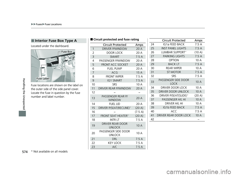 HONDA PASSPORT 2021 Navigation Manual (in English) 574
uuFuses uFuse Locations
Handling the Unexpected
Located under the dashboard.
Fuse locations are shown on the label on
the outer side of the side panel cover.
Locate the fuse in question by the fu HONDA PASSPORT 2021 Navigation Manual (in English) 574
uuFuses uFuse Locations
Handling the Unexpected
Located under the dashboard.
Fuse locations are shown on the label on
the outer side of the side panel cover.
Locate the fuse in question by the fu