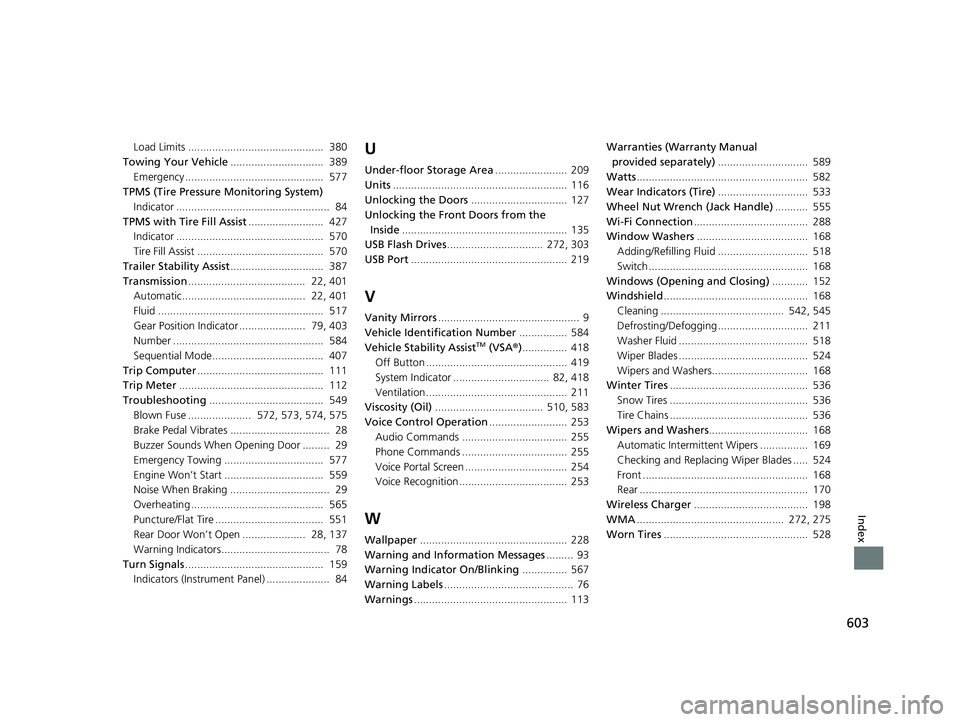 HONDA PASSPORT 2021  Navigation Manual (in English) 603
Index
Load Limits .............................................  380
Towing Your Vehicle ...............................  389
Emergency ..............................................  577
TPMS (Ti