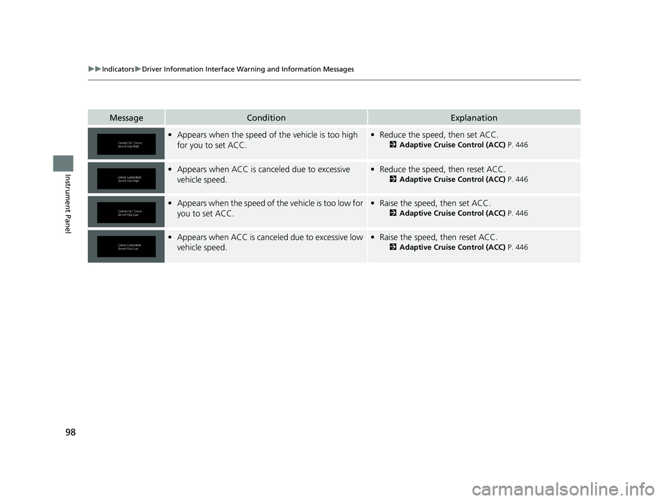 HONDA PASSPORT 2021 Navigation Manual (in English) 98
uuIndicators uDriver Information Interface Wa rning and Information Messages
Instrument Panel
MessageConditionExplanation
•Appears when the speed of the vehicle is too high
for you to set ACC. HONDA PASSPORT 2021 Navigation Manual (in English) 98
uuIndicators uDriver Information Interface Wa rning and Information Messages
Instrument Panel
MessageConditionExplanation
•Appears when the speed of the vehicle is too high
for you to set ACC.