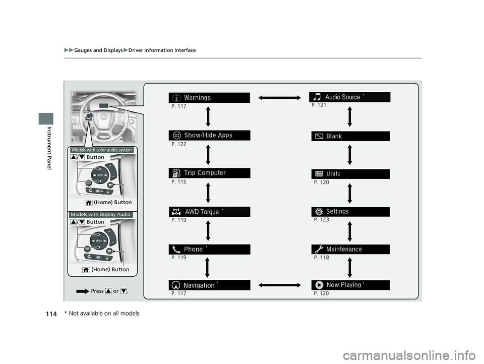 HONDA PILOT 2021 Owners Manual (in English) 114
uuGauges and Displays uDriver Information Interface
Instrument Panel
(Home) Button
/ Button34
*
*
Press or .34
P. 117
P. 122
P. 115
P. 119
P. 117 P. 120
P. 123
P. 118
P. 120
Models wit HONDA PILOT 2021 Owners Manual (in English) 114
uuGauges and Displays uDriver Information Interface
Instrument Panel
(Home) Button
/ Button34
*
*
Press or .34
P. 117
P. 122
P. 115
P. 119
P. 117 P. 120
P. 123
P. 118
P. 120
Models wit