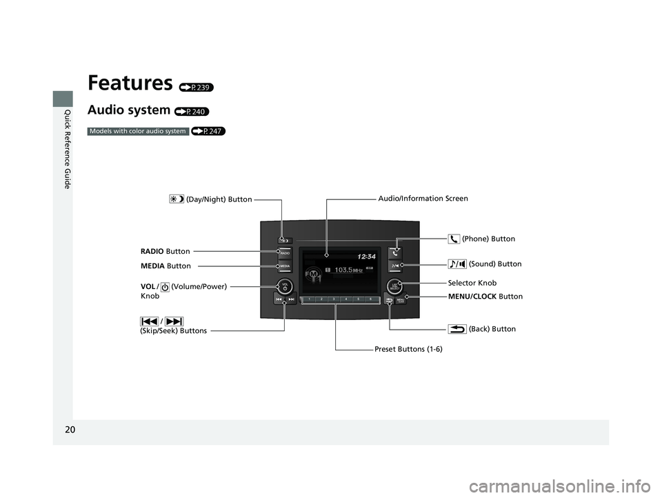 HONDA PILOT 2021  Owners Manual (in English) 20
Quick Reference Guide
Features (P239)
Audio system (P240) (P247)
Models with color audio system
MENU/CLOCK  Button
Selector Knob
 (Day/Night) Button
 (Back) Button
 (Sound) Button
VOL
 /   (Volume/