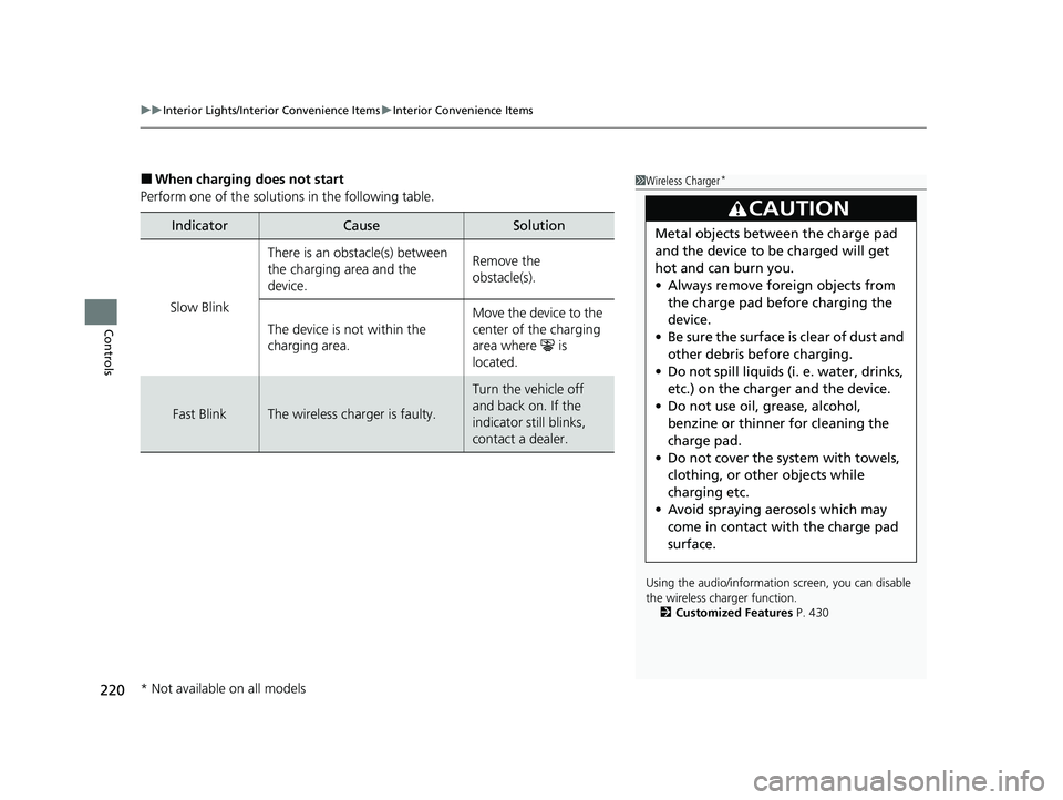 HONDA PILOT 2021 Owners Manual (in English) uuInterior Lights/Interior Convenience Items uInterior Convenience Items
220
Controls
■When charging does not start
Perform one of the solution s in the following table.
IndicatorCauseSolution
Slow HONDA PILOT 2021 Owners Manual (in English) uuInterior Lights/Interior Convenience Items uInterior Convenience Items
220
Controls
■When charging does not start
Perform one of the solution s in the following table.
IndicatorCauseSolution
Slow