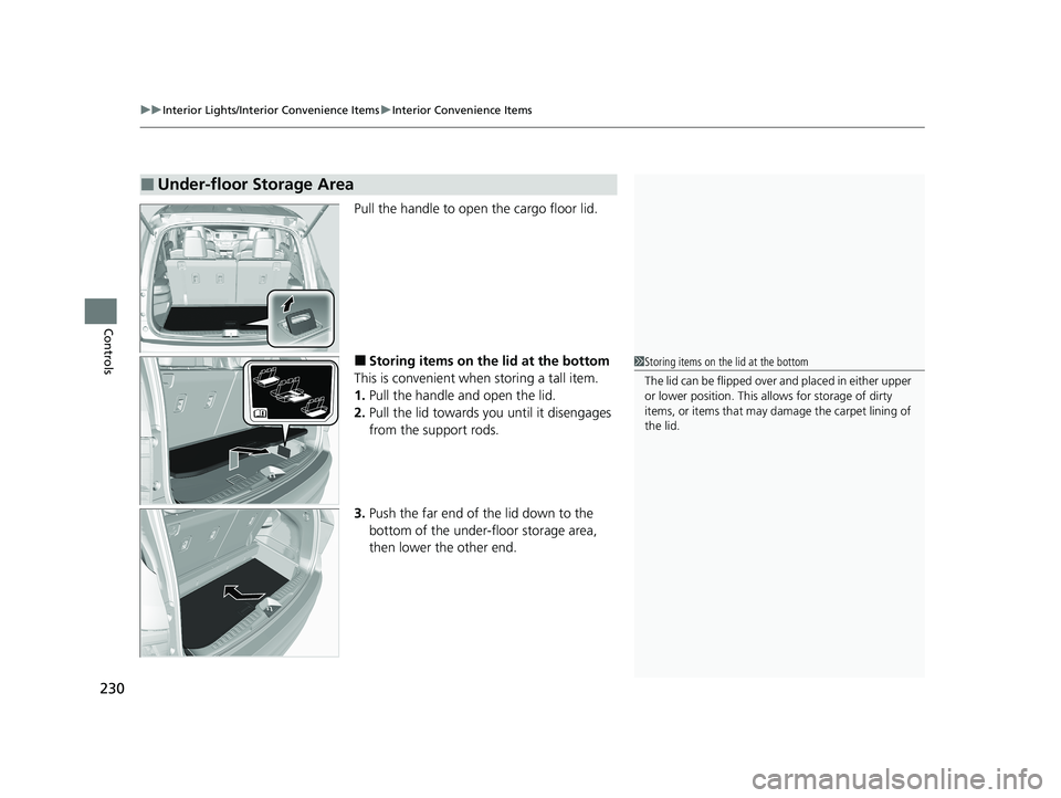 HONDA PILOT 2021 Owners Manual (in English) uuInterior Lights/Interior Convenience Items uInterior Convenience Items
230
Controls
Pull the handle to open the cargo floor lid.
■Storing items on the lid at the bottom
This is convenient when sto HONDA PILOT 2021 Owners Manual (in English) uuInterior Lights/Interior Convenience Items uInterior Convenience Items
230
Controls
Pull the handle to open the cargo floor lid.
■Storing items on the lid at the bottom
This is convenient when sto