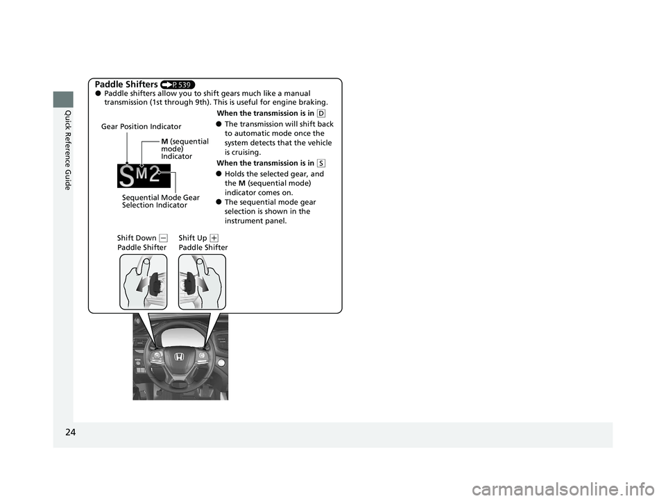 HONDA PILOT 2021  Owners Manual (in English) 24
Quick Reference Guide
Paddle Shifters (P539)●Paddle shifters allow you to shift gears much like a manual 
transmission (1st through 9th). This is useful for engine braking.
●The transmission wi