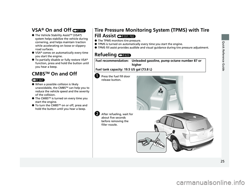 HONDA PILOT 2021   (in English) Owners Guide 25
Quick Reference Guide
VSA® On and Off (P549)
●The Vehicle Stability AssistTM (VSA ®) 
system helps stabilize the vehicle during 
cornering, and helps maintain traction 
while accelerating on lo