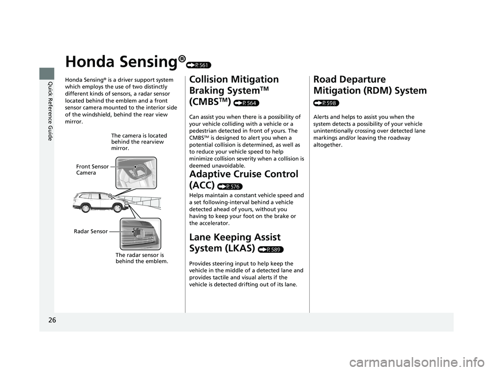 HONDA PILOT 2021   (in English) Owners Guide 26
Quick Reference Guide
Honda Sensing®(P561)
Honda Sensing ® is a driver support system 
which employs the use of two distinctly 
different kinds of sensors, a radar sensor 
located behind the embl