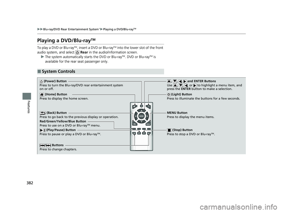 HONDA PILOT 2021   (in English) User Guide 382
uuBlu-ray/DVD Rear Entertainment System*uPlaying a DVD/Blu-rayTM
Features
Playing a DVD/Blu-rayTM
To play a DVD or Blu-rayTM, insert a DVD or Blu-rayTM into the lower slot of the front 
audio syst
