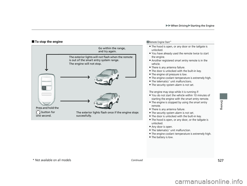 HONDA PILOT 2021   (in English) User Guide Continued527
uuWhen Driving uStarting the Engine
Driving
■To stop the engine1Remote Engine Start*
•The hood is open, or any door or the tailgate is 
unlocked.
•You have already used the remote t