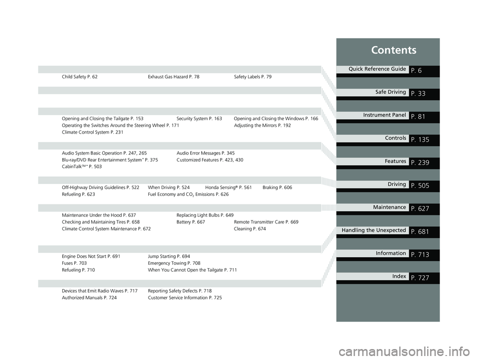 HONDA PILOT 2021  Owners Manual (in English) Contents
Child Safety P. 62Exhaust Gas Hazard P. 78Safety Labels P. 79
Opening and Closing the Tailgate P. 153 Security System P. 163 Opening and Closing the Windows P. 166
Operating the Switches Arou