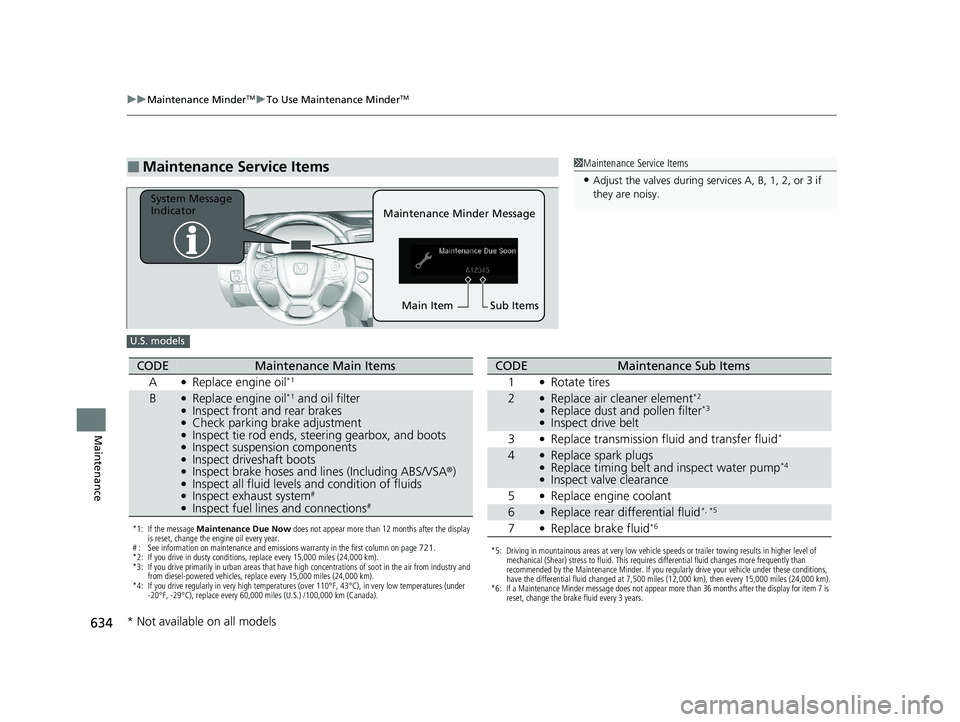 HONDA PILOT 2021   (in English) Owners Guide 634
uuMaintenance MinderTMuTo Use Maintenance MinderTM
Maintenance
■Maintenance Service Items1Maintenance Service Items
•Adjust the valves during services A, B, 1, 2, or 3 if 
they are noisy.
Main