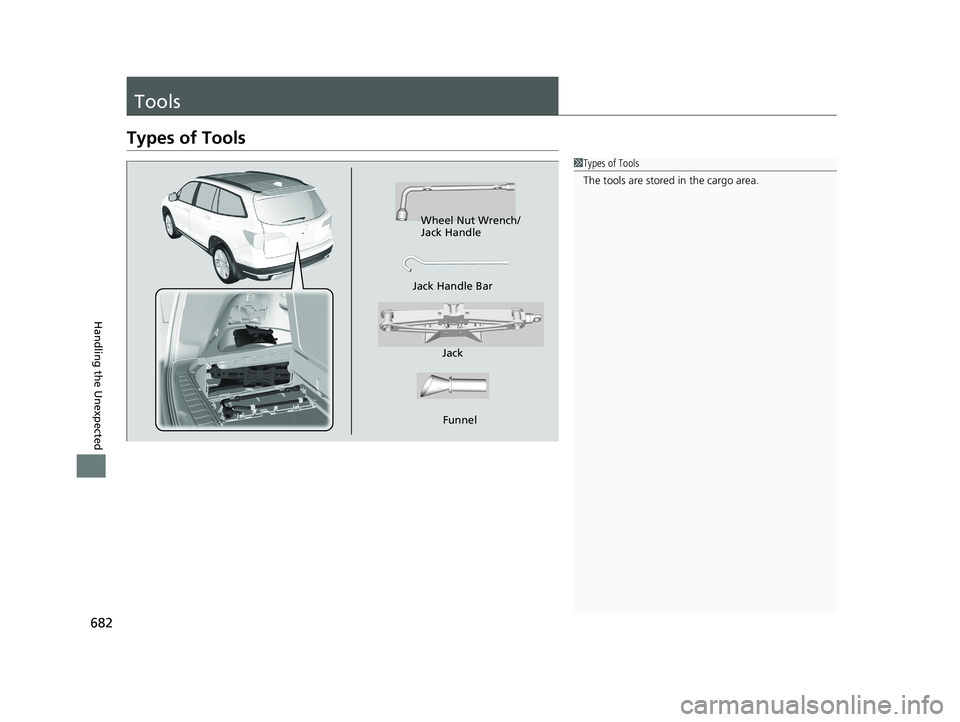 HONDA PILOT 2021 Owners Manual (in English) 682
Handling the Unexpected
Tools
Types of Tools
1Types of Tools
The tools are stored in the cargo area.
Wheel Nut Wrench/
Jack Handle
Jack
Jack Handle Bar
Funnel
21 PILOT-31TG76500.book 682 ペー HONDA PILOT 2021 Owners Manual (in English) 682
Handling the Unexpected
Tools
Types of Tools
1Types of Tools
The tools are stored in the cargo area.
Wheel Nut Wrench/
Jack Handle
Jack
Jack Handle Bar
Funnel
21 PILOT-31TG76500.book 682 ペー