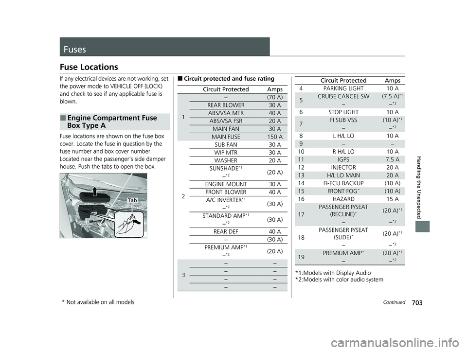 HONDA PILOT 2021 (in English) Owners Guide 703Continued
Handling the Unexpected
Fuses
Fuse Locations
If any electrical devices are not working, set
the power mode to VEHICLE OFF (LOCK)
and check to see if any applicable fuse is
blown.
Fuse HONDA PILOT 2021 (in English) Owners Guide 703Continued
Handling the Unexpected
Fuses
Fuse Locations
If any electrical devices are not working, set
the power mode to VEHICLE OFF (LOCK)
and check to see if any applicable fuse is
blown.
Fuse