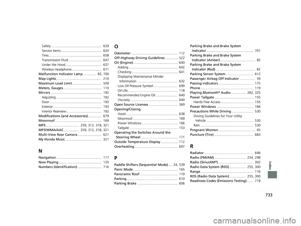 HONDA PILOT 2021   (in English) Service Manual 733
Index
Safety .....................................................  629
Service Items ...........................................  634
Tires........................................................