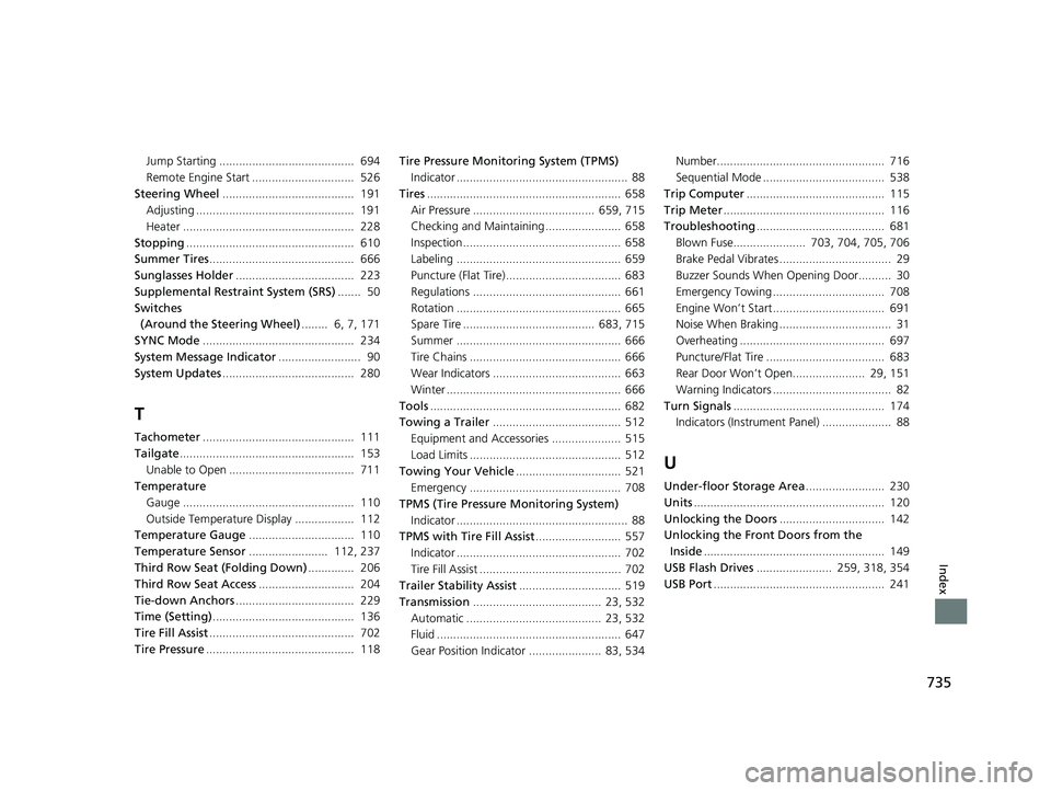 HONDA PILOT 2021  Owners Manual (in English) 735
Index
Jump Starting .........................................  694
Remote Engine Start ...............................  526
Steering Wheel ........................................  191
Adjusting .