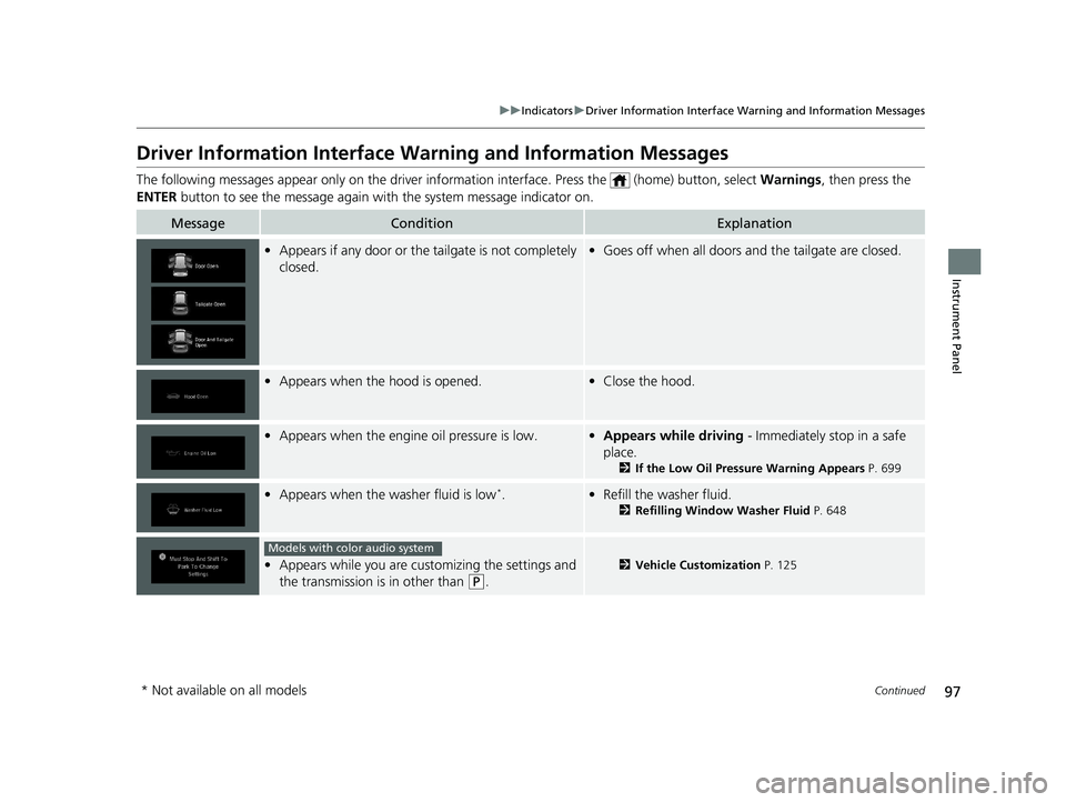 HONDA PILOT 2021  Owners Manual (in English) 97
uuIndicators uDriver Information Interface Wa rning and Information Messages
Continued
Instrument Panel
Driver Information Interface Warning and Information Messages
The following messages appear o