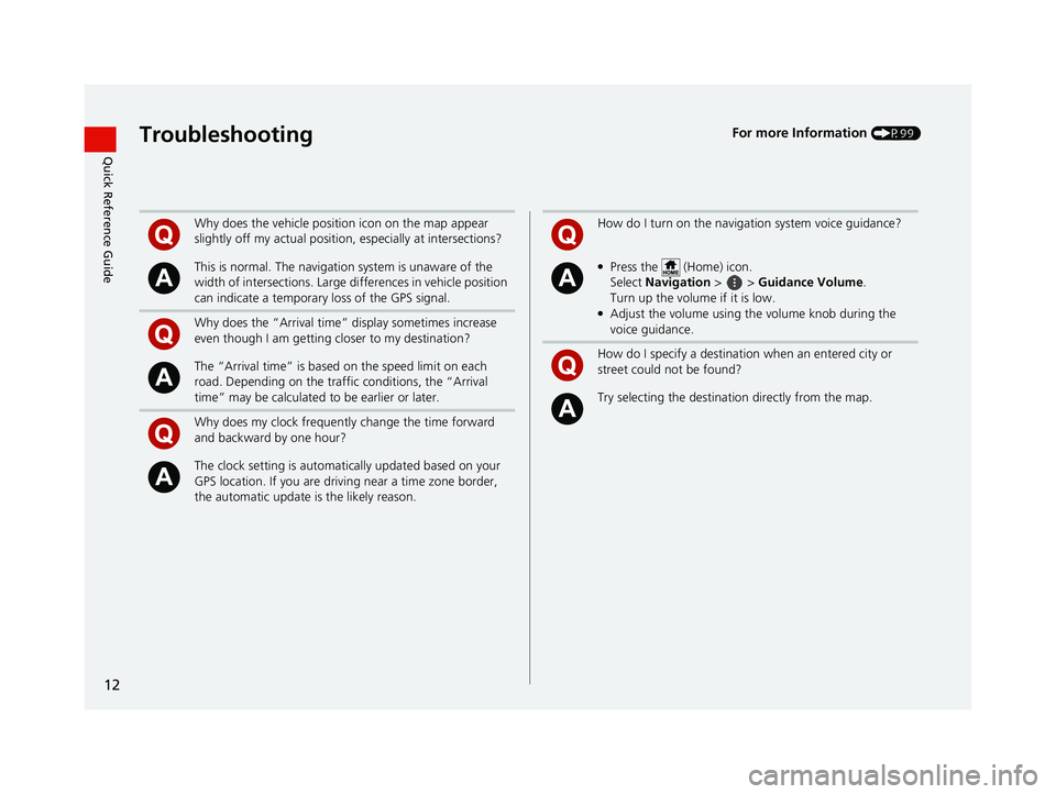 HONDA PILOT 2021  Navigation Manual (in English) 12
Quick Reference GuideTroubleshootingFor more Information (P99)
Why does the vehicle position icon on the map appear 
slightly off my actual position, especially at intersections?
This is normal. Th