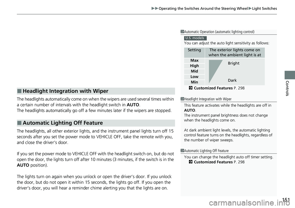 HONDA RIDGELINE 2021  Owners Manual (in English) 151
uuOperating the Switches Around the Steering Wheel uLight Switches
Controls
The headlights automatically come on when th e wipers are used several times within 
a certain number of intervals with 