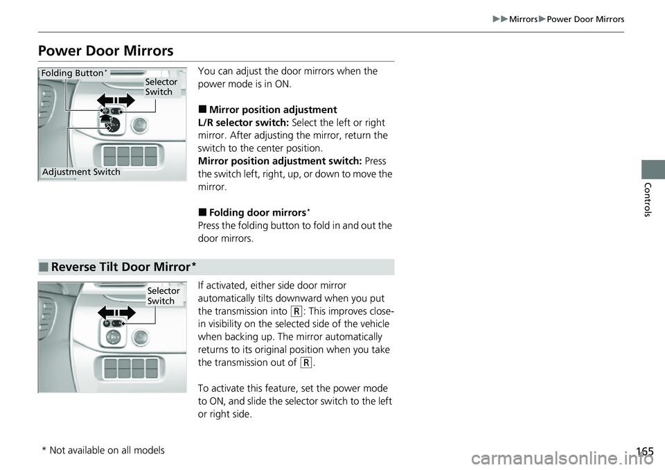 HONDA RIDGELINE 2021  Owners Manual (in English) 165
uuMirrors uPower Door Mirrors
Controls
Power Door Mirrors
You can adjust the door mirrors when the 
power mode is in ON.
■Mirror position adjustment
L/R selector switch:  Select the left or righ