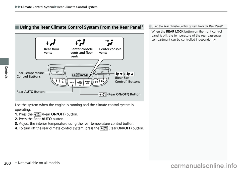 HONDA RIDGELINE 2021  Owners Manual (in English) uuClimate Control System uRear Climate Control System
200
Controls
Use the system when the engine is running and the climate control system is 
operating.
1. Press the   (Rear  ON/OFF) button.
2. Pres