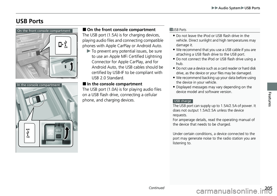 HONDA RIDGELINE 2021 Owners Manual (in English) 205
uuAudio System uUSB Ports
Continued
Features
USB Ports
■On the front co nsole compartment
The USB port (1.5A) is for charging devices,
playing audio files and connecting compatible
phones with HONDA RIDGELINE 2021 Owners Manual (in English) 205
uuAudio System uUSB Ports
Continued
Features
USB Ports
■On the front co nsole compartment
The USB port (1.5A) is for charging devices,
playing audio files and connecting compatible
phones with
