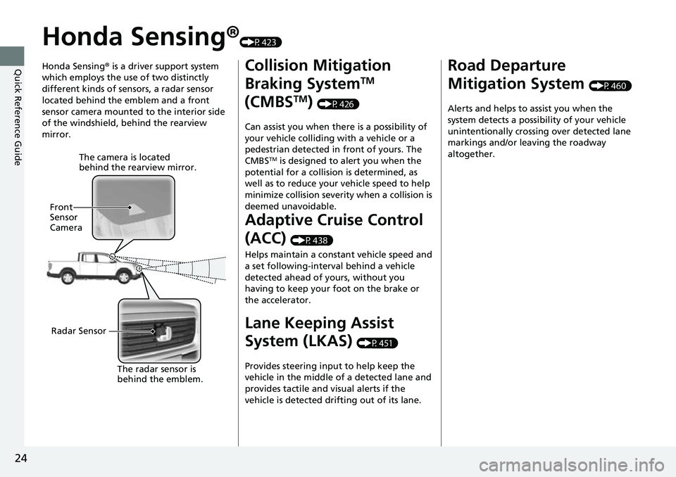 HONDA RIDGELINE 2021 Owners Manual (in English) 24
Quick Reference Guide
Honda Sensing®(P423)
Honda Sensing ® is a driver support system
which employs the use of two distinctly
different kinds of sensors, a radar sensor
located behind the embl HONDA RIDGELINE 2021 Owners Manual (in English) 24
Quick Reference Guide
Honda Sensing®(P423)
Honda Sensing ® is a driver support system
which employs the use of two distinctly
different kinds of sensors, a radar sensor
located behind the embl