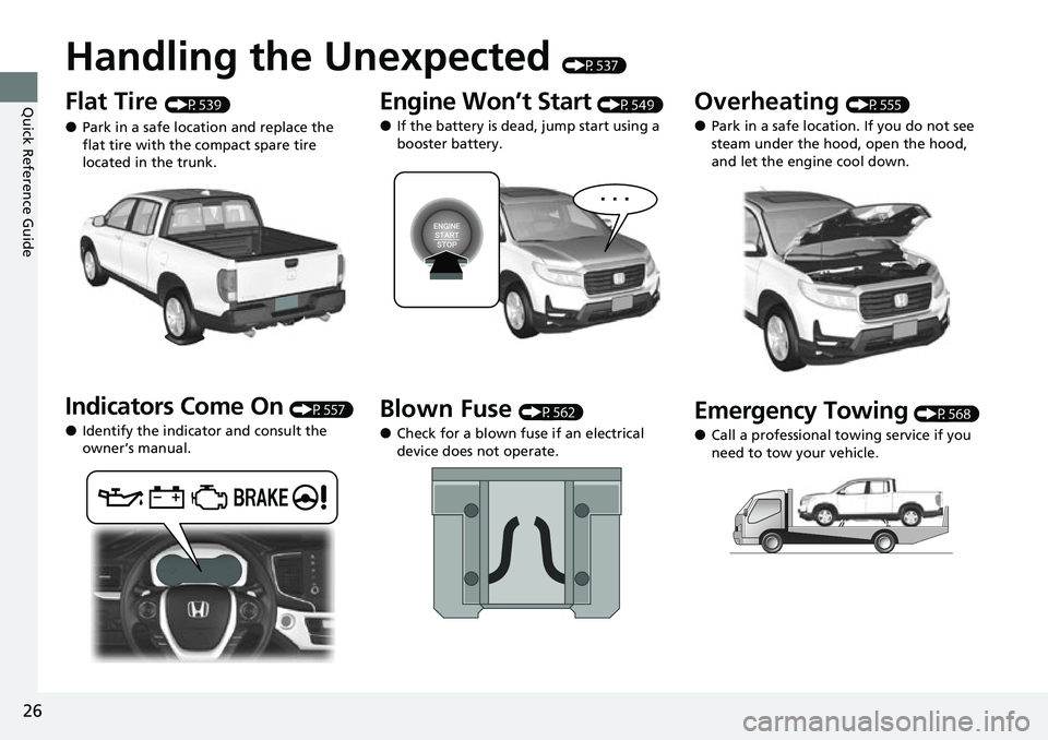 HONDA RIDGELINE 2021  Owners Manual (in English) 26
Quick Reference Guide
Handling the Unexpected (P537)
Flat Tire (P539)
●Park in a safe location and replace the 
flat tire with the compact spare tire 
located in the trunk.
Indicators Come On (P5