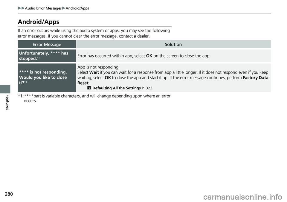 HONDA RIDGELINE 2021 (in English) Owners Guide 280
uuAudio Error Messages uAndroid/Apps
Features
Android/Apps
If an error occurs while using the audio system or apps, you may see the following
error messages. If you cannot clear the error messag HONDA RIDGELINE 2021 (in English) Owners Guide 280
uuAudio Error Messages uAndroid/Apps
Features
Android/Apps
If an error occurs while using the audio system or apps, you may see the following
error messages. If you cannot clear the error messag