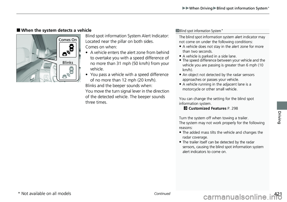 HONDA RIDGELINE 2021 (in English) Owners Guide Continued421
uuWhen Driving uBlind spot information System*
Driving
■When the system detects a vehicle
Blind spot information System Alert Indicator:
Located near the pillar on both sides.
Comes on HONDA RIDGELINE 2021 (in English) Owners Guide Continued421
uuWhen Driving uBlind spot information System*
Driving
■When the system detects a vehicle
Blind spot information System Alert Indicator:
Located near the pillar on both sides.
Comes on