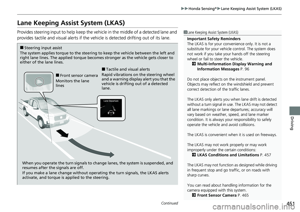 HONDA RIDGELINE 2021 (in English) Service Manual 451
uuHonda Sensing ®u Lane Keeping Assist System (LKAS)
Continued
Driving
Lane Keeping Assist System (LKAS)
Provides steering input to help keep the vehicle in the middle of a detected lane and
pro HONDA RIDGELINE 2021 (in English) Service Manual 451
uuHonda Sensing ®u Lane Keeping Assist System (LKAS)
Continued
Driving
Lane Keeping Assist System (LKAS)
Provides steering input to help keep the vehicle in the middle of a detected lane and
pro
