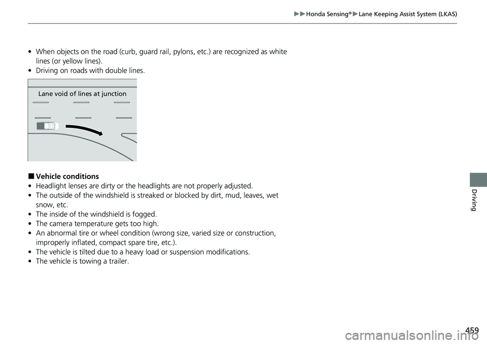 HONDA RIDGELINE 2021 Owners Manual (in English) 459
uuHonda Sensing ®u Lane Keeping Assist System (LKAS)
Driving
• When objects on the road (curb, guard rail, pylons, etc.) are recognized as white
lines (or yellow lines).
• Driving on roads HONDA RIDGELINE 2021 Owners Manual (in English) 459
uuHonda Sensing ®u Lane Keeping Assist System (LKAS)
Driving
• When objects on the road (curb, guard rail, pylons, etc.) are recognized as white
lines (or yellow lines).
• Driving on roads