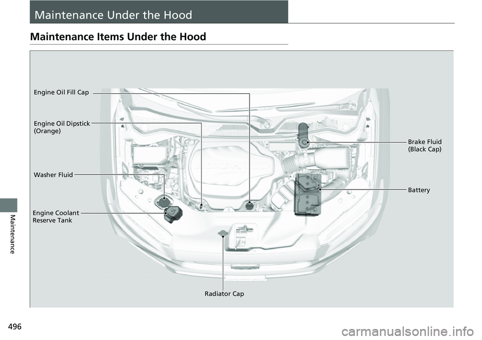 HONDA RIDGELINE 2021   (in English) User Guide 496
Maintenance
Maintenance Under the Hood
Maintenance Items Under the Hood
Brake Fluid 
(Black Cap)
Washer Fluid
Radiator Cap
Engine Coolant 
Reserve Tank Engine Oil Dipstick 
(Orange) Engine Oil Fil