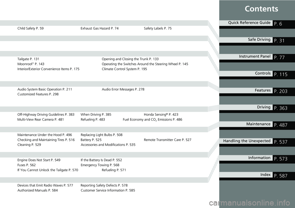 HONDA RIDGELINE 2021  Owners Manual (in English) Contents
Child Safety P. 59Exhaust Gas Hazard P. 74Safety Labels P. 75
Tailgate P. 131 Opening and Closing the Trunk P. 133
Moonroof* P. 143 Operating the Switches Around the Steering Wheel P. 145
Int