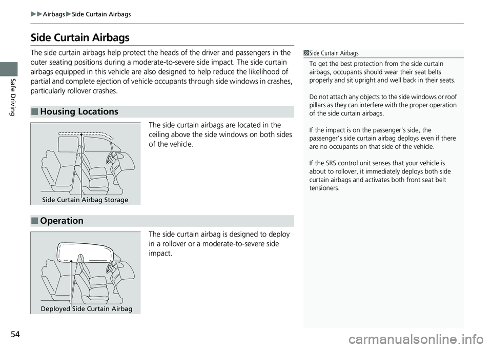 HONDA RIDGELINE 2021   (in English) Workshop Manual 54
uuAirbags uSide Curtain Airbags
Safe Driving
Side Curtain Airbags
The side curtain airbags help  protect the heads of the driver and passengers in the 
outer seating positions during a moderate-to 