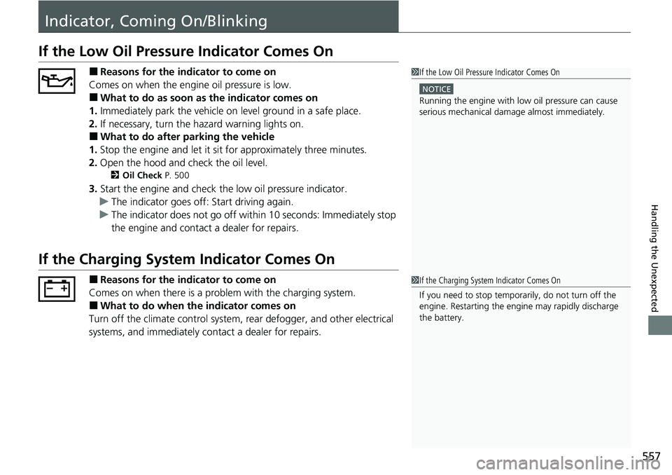 HONDA RIDGELINE 2021 (in English) User Guide 557
Handling the Unexpected
Indicator, Coming On/Blinking
If the Low Oil Pressure Indicator Comes On
■Reasons for the indicator to come on
Comes on when the engine oil pressure is low.
■What to do HONDA RIDGELINE 2021 (in English) User Guide 557
Handling the Unexpected
Indicator, Coming On/Blinking
If the Low Oil Pressure Indicator Comes On
■Reasons for the indicator to come on
Comes on when the engine oil pressure is low.
■What to do