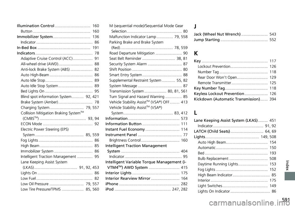 HONDA RIDGELINE 2021  Owners Manual (in English) 591
Index
Illumination Control................................  160
Button ....................................................  160
Immobilizer System ..................................  136
Indicato