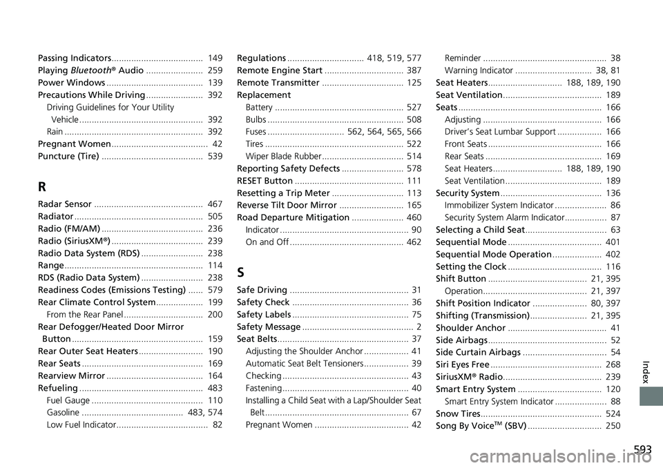 HONDA RIDGELINE 2021  Owners Manual (in English) 593
Index
Passing Indicators.....................................  149
Playing  Bluetooth ® Audio .......................  259
Power Windows .......................................  139
Precautions W