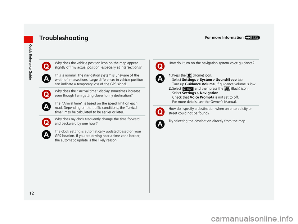 HONDA RIDGELINE 2021 Navigation Manual (in English) 12
Quick Reference GuideTroubleshootingFor more Information (P123)
Why does the vehicle position icon on the map appear
slightly off my actual position, especially at intersections?
This is normal. T HONDA RIDGELINE 2021 Navigation Manual (in English) 12
Quick Reference GuideTroubleshootingFor more Information (P123)
Why does the vehicle position icon on the map appear
slightly off my actual position, especially at intersections?
This is normal. T