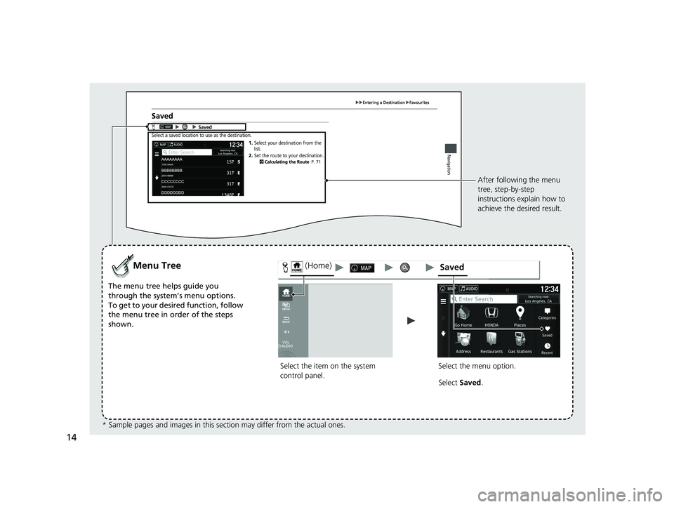 HONDA RIDGELINE 2021 Navigation Manual (in English) 14
Select the item on the system
control panel.
Menu Tree
The menu tree helps guide you
through the system’s menu options.
To get to your desired function, follow
the menu tree in order of the st HONDA RIDGELINE 2021 Navigation Manual (in English) 14
Select the item on the system
control panel.
Menu Tree
The menu tree helps guide you
through the system’s menu options.
To get to your desired function, follow
the menu tree in order of the st