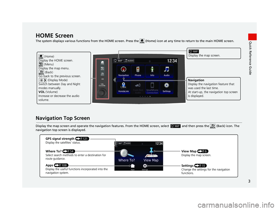 HONDA RIDGELINE 2021  Navigation Manual (in English) 3
Quick Reference GuideHOME Screen   
The system displays various functions from the HOME screen. Press the   (Home) icon at  any time to return to the main HOME scree n.
Navigation Top Screen
Display