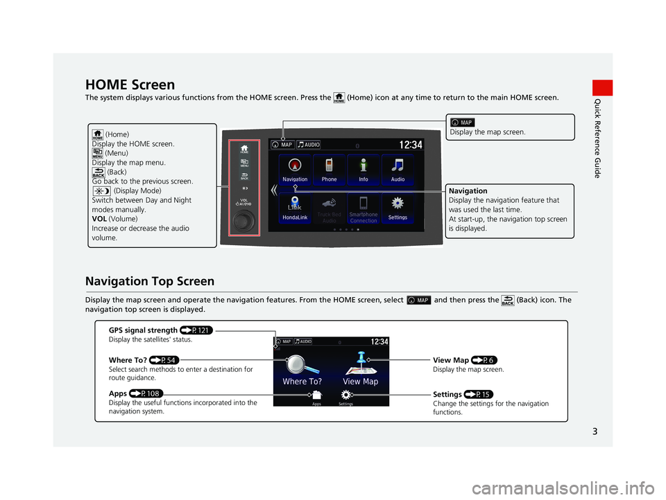HONDA RIDGELINE 2021 Navigation Manual (in English) 3
Quick Reference GuideHOME Screen
The system displays various functions from the HOME screen. Press the (Home) icon at any time to return to the main HOME scree n.
Navigation Top Screen
Display HONDA RIDGELINE 2021 Navigation Manual (in English) 3
Quick Reference GuideHOME Screen
The system displays various functions from the HOME screen. Press the (Home) icon at any time to return to the main HOME scree n.
Navigation Top Screen
Display