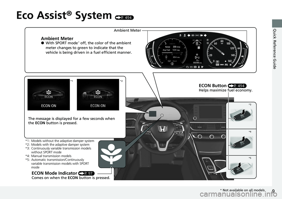 HONDA ACCORD SEDAN 2020  Owners Manual (in English) 9
Quick Reference Guide
Eco Assist® System (P 494)
Ambient Meter●With SPORT mode* off, the color of the ambient 
meter changes to green to indicate that the 
vehicle is being driven in a fuel effic