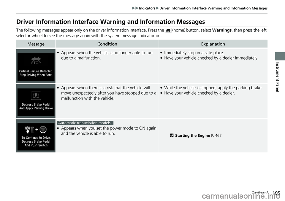 HONDA ACCORD SEDAN 2020  Owners Manual (in English) 105
uuIndicators uDriver Information Interface Wa rning and Information Messages
Continued
Instrument Panel
Driver Information Interface Warning and Information Messages
The following messages appear 