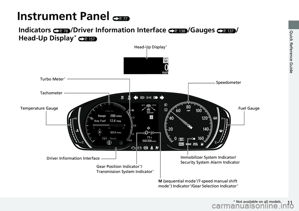 HONDA ACCORD SEDAN 2020  Owners Manual (in English) 11
Quick Reference Guide
Instrument Panel (P 77)
Indicators (P 78)/Driver Information Interface (P 138)/Gauges (P 137)/
Head-Up Display
* (P 157)
Speedometer
Fuel Gauge
Driver Information Interface
Te