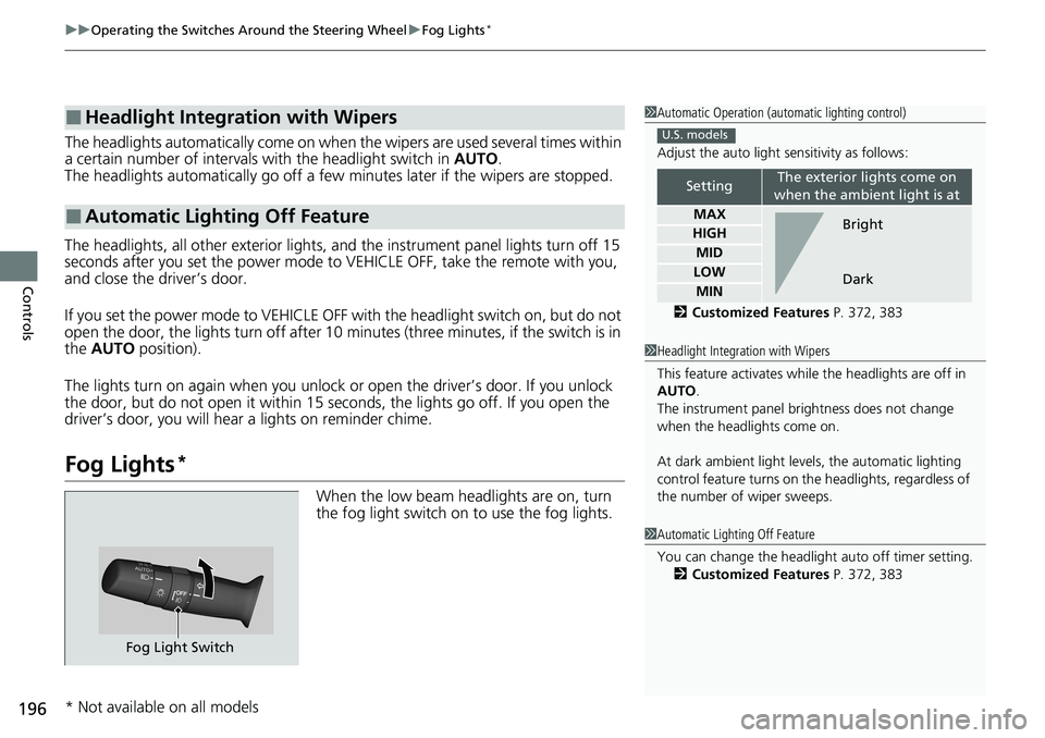 HONDA ACCORD SEDAN 2020 Owners Manual (in English) uuOperating the Switches Around the Steering Wheel uFog Lights*
196
Controls
The headlights automatically come on when the wipers are used several times within
a certain number of intervals wi th the HONDA ACCORD SEDAN 2020 Owners Manual (in English) uuOperating the Switches Around the Steering Wheel uFog Lights*
196
Controls
The headlights automatically come on when the wipers are used several times within
a certain number of intervals wi th the