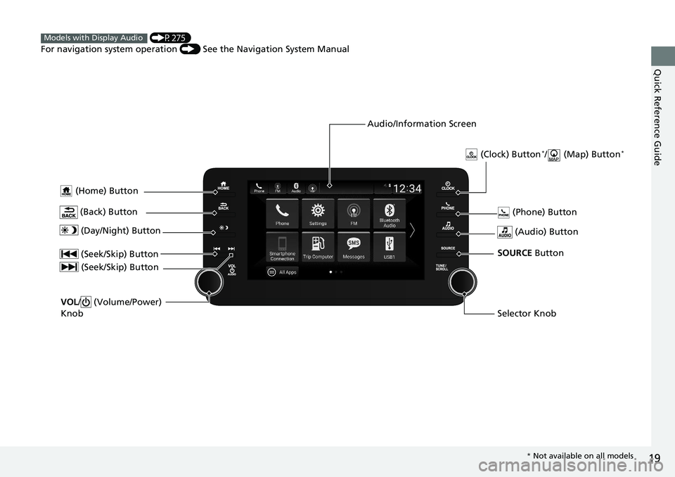 HONDA ACCORD SEDAN 2020 (in English) Owners Guide 19
Quick Reference Guide
(Home) Button
(Audio) Button
(Back) Button
Audio/Information Screen
(P275)
For navigation system operation () See the Navigation System Manual
Models with Display Audio
HONDA ACCORD SEDAN 2020 (in English) Owners Guide 19
Quick Reference Guide
(Home) Button
(Audio) Button
(Back) Button
Audio/Information Screen
(P275)
For navigation system operation () See the Navigation System Manual
Models with Display Audio