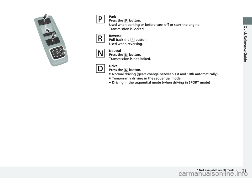 HONDA ACCORD SEDAN 2020 (in English) Owners Guide 21
Quick Reference Guide
Park
Press the (P button.
Used when parking or before turn off or start the engine.
Transmission is locked.
Reverse
Pull back the
( R button.
Used when reversing.
Neutral
Pr HONDA ACCORD SEDAN 2020 (in English) Owners Guide 21
Quick Reference Guide
Park
Press the (P button.
Used when parking or before turn off or start the engine.
Transmission is locked.
Reverse
Pull back the
( R button.
Used when reversing.
Neutral
Pr